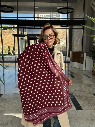 Bordo Puantiye Desenli Pamuklu Şal