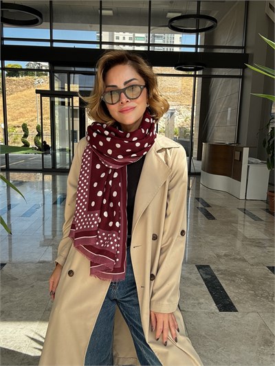 Bordo Puantiye Desenli Pamuklu Şal