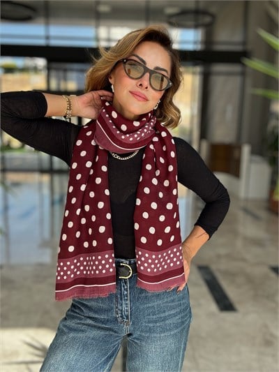 Bordo Puantiye Desenli Pamuklu Şal
