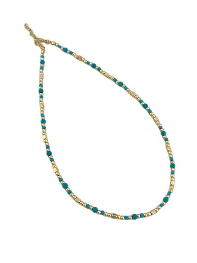 Büyüklü Küçüklü Gold Plaka ve Turkuaz Boncuklu Kolye ( 45 Cm )