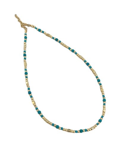 Büyüklü Küçüklü Gold Plaka ve Turkuaz Boncuklu Kolye ( 45 Cm )