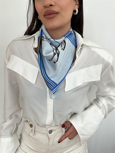 Buz Mavi Dörtlü At Figür Fular (70 * 70)