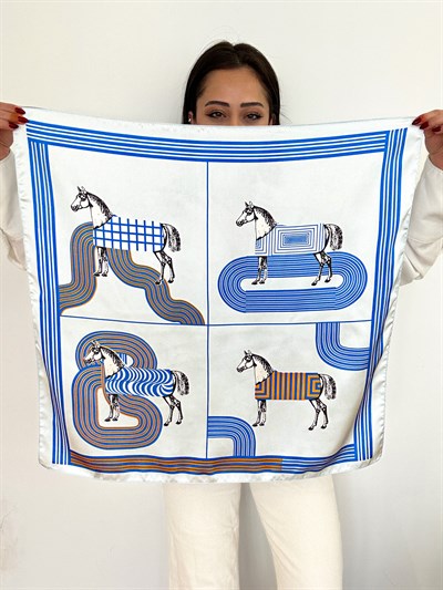 Buz Mavi Dörtlü At Figür Fular (70 * 70)
