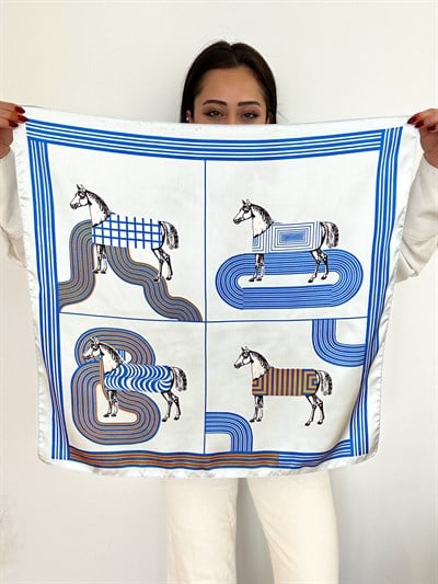 Buz Mavi Dörtlü At Figür Fular (70 * 70)