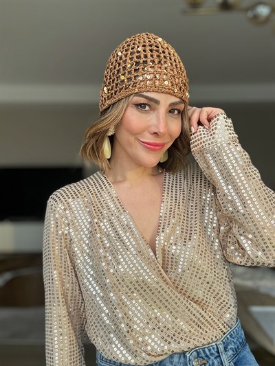 Camel Pullu Örme File Kep Şapka