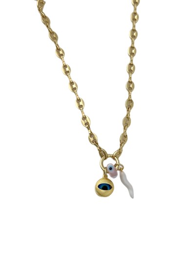 Çelik Düğme Zincir Göz ve Nazar Sallantılı Çoklu Charmlı Uç Detay Kolye (48 Cm)