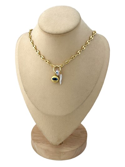 Çelik Düğme Zincir Göz ve Nazar Sallantılı Çoklu Charmlı Uç Detay Kolye (48 Cm)