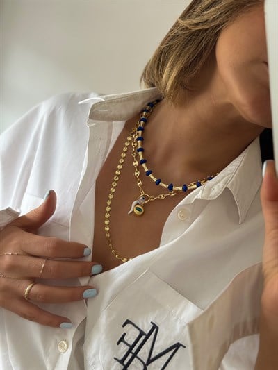 Çelik Düğme Zincir Göz ve Nazar Sallantılı Çoklu Charmlı Uç Detay Kolye Kombini