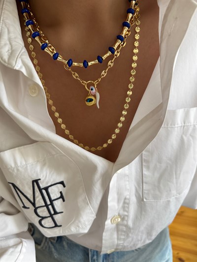 Çelik Düğme Zincir Göz ve Nazar Sallantılı Çoklu Charmlı Uç Detay Kolye Kombini