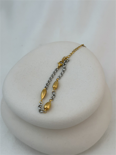 Çelik Gümüş Halka Geçmeli Gold Bombeli Oval Figür Sıralı Bileklik (23 Cm)