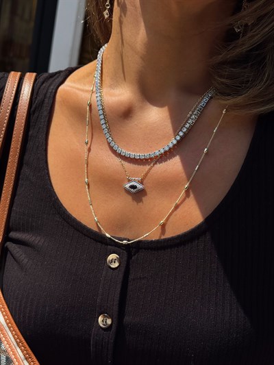 Çelik Gümüş Renk 3 MM Zirkon Taşlı Su Yolu Kolye Kombini