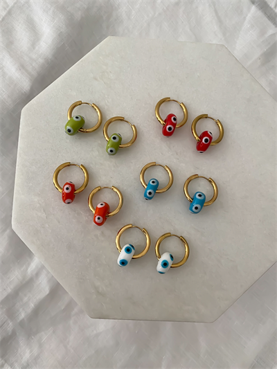 Çelik Halkada Cam Nazarlı Boncuk Küpe