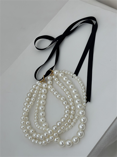 Çoklu İnci Görünüm Kurdele Önden Kapama Tasarım Kolye (Sadece İncili Kısmı 38cm)