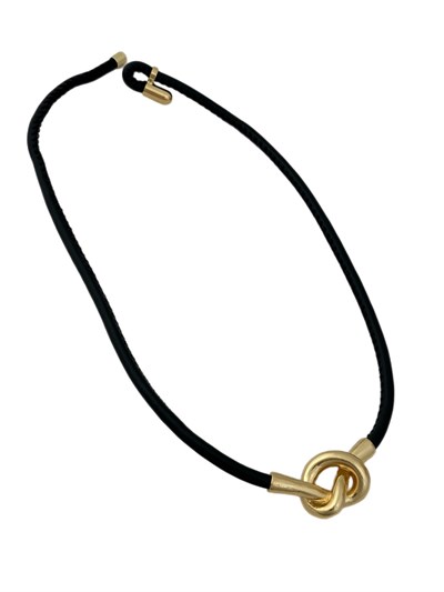 Deri İpte Gold Boru Plaka Düğüm Model Kolye (47 Cm)