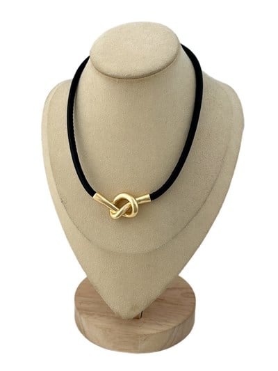 Deri İpte Gold Boru Plaka Düğüm Model Kolye (47 Cm)