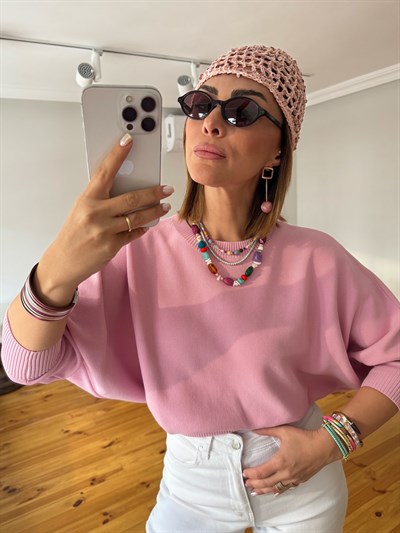 Doğal Kırık Taş Detay Akrilik Boncuk Sıralı Pembe Akik Taş Sıralı Kolye Kombini