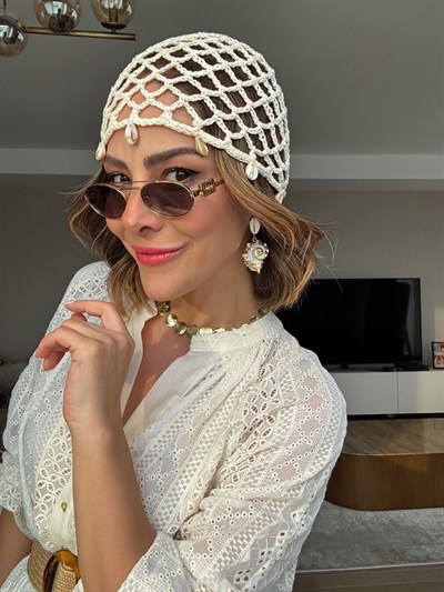 Ekru İstiridye Sallantılı Örme File Kep Şapka