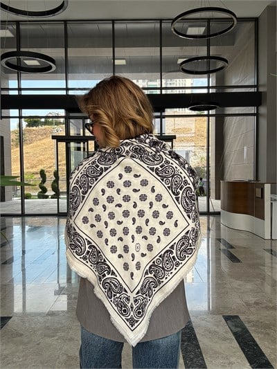 Ekru Patchwork Desenli Pamuklu Şal