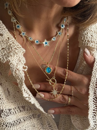 Ezme Zincirde Turkuaz Taş Kolye Kombini