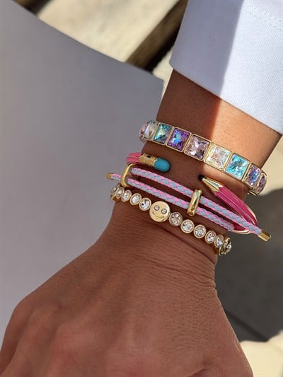 Fuşya Kalem Gold Şerit Detay Kelepçe Bileklik Kombini