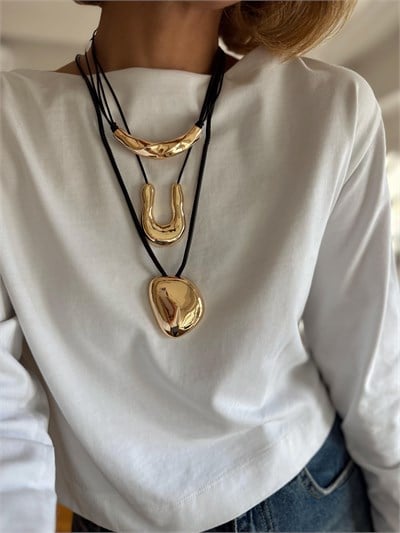 Gold Asimetrik Plaka Deri İp Kolye Kombini