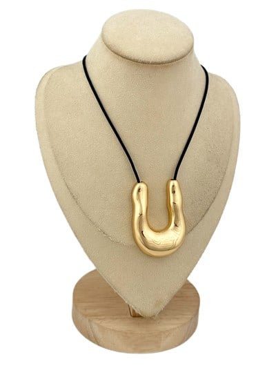 Gold Asimetrik U Plaka Deri İp Kolye ( 96 Cm )