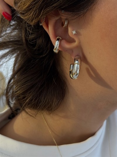 Gold Detay Boru Plaka Halka Küpe Kombini