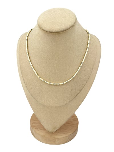 Gold İşlemeli Silindir Boncuk ve Gümüş Renk Dorika Sıralı Kolye ( 45 Cm )