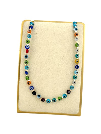 Gold Küp Boncuklu ve Daire Renkli Nazar Boncuklu Kolye ( 45 Cm )