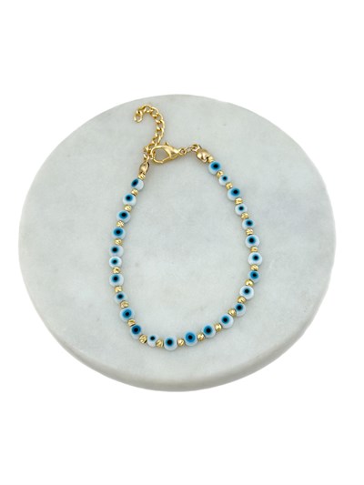 Gold Mini Dorika ve Beyaz Daire Nazar Boncuk Bileklik ( 21 Cm )