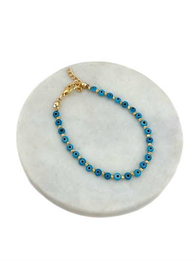 Gold Mini Dorika ve Turkuaz Daire Nazar Boncuk Bileklik ( 21 Cm )