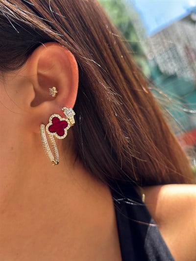 Gold Özel Seri Bordo Sedef Zirkon Taşlı Marka Yonca Küpe Kombini