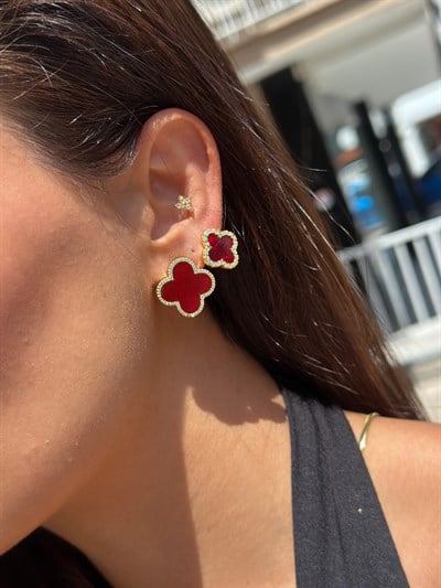 Gold Özel Seri Zirkon Taşlı Bordo Sedef Marka Yonca Küpe Kombini