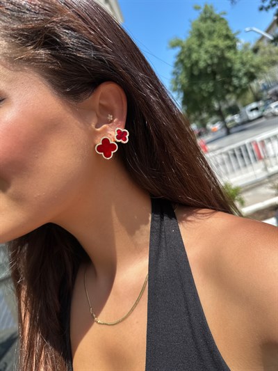 Gold Özel Seri Zirkon Taşlı Bordo Sedef Marka Yonca Küpe Kombini