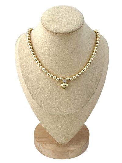 Gold Plaka Topçuk Sıralı Zirkon Taşlı Kalp Figür Uç Detay Kolye (48 Cm)