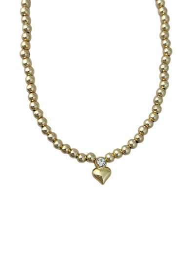 Gold Plaka Topçuk Sıralı Zirkon Taşlı Kalp Figür Uç Detay Kolye (48 Cm)