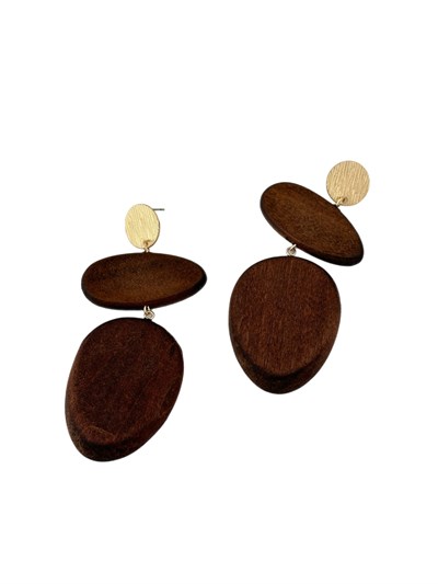 Gold Tırtıklı Daire Plaka Kahverengi Ahşap Oval Asimetrik Figür Sallantılı Küpe