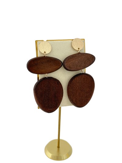 Gold Tırtıklı Daire Plaka Kahverengi Ahşap Oval Asimetrik Figür Sallantılı Küpe