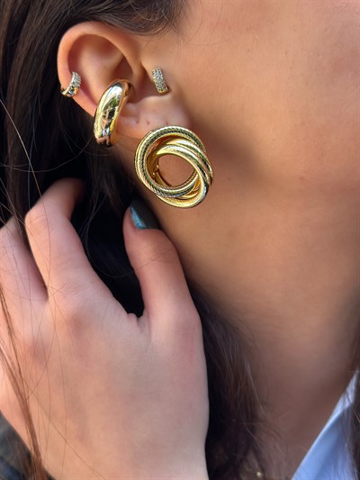 Gold Tırtıklı Plaka İç İçe Geçmeli Çoklu Halka Vintage Küpe Kombini