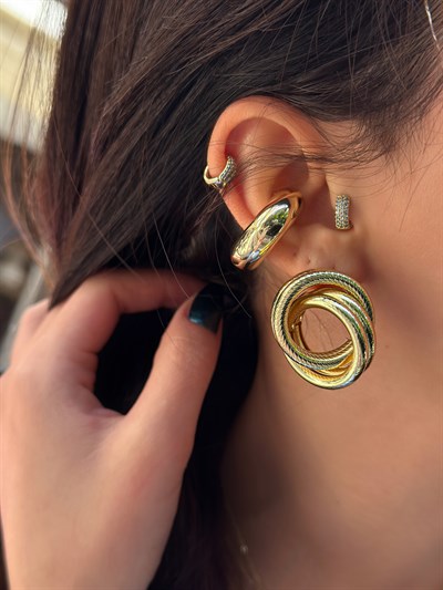 Gold Tırtıklı Plaka İç İçe Geçmeli Çoklu Halka Vintage Küpe Kombini