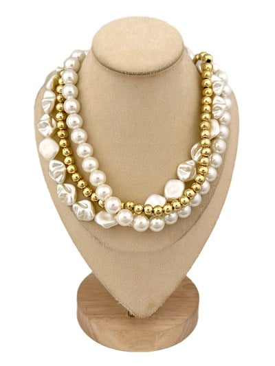 Gold Topçuk ve Barok İnci Görünüm Sıralı Üçlü Görünüm Kolye (49 Cm)