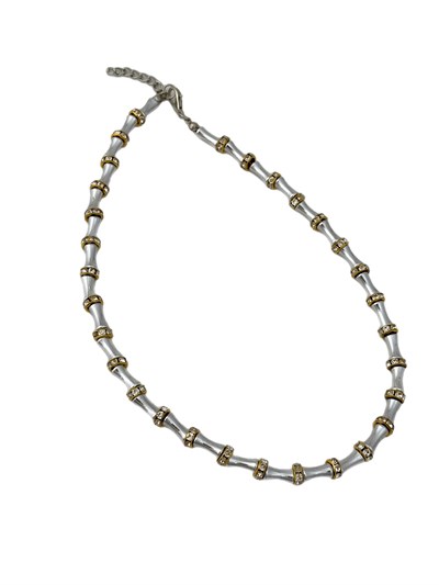 Gold Zirkon Taşlı Biye Detay Gümüş Boru Plaka Kemik Model Kolye (48 Cm)