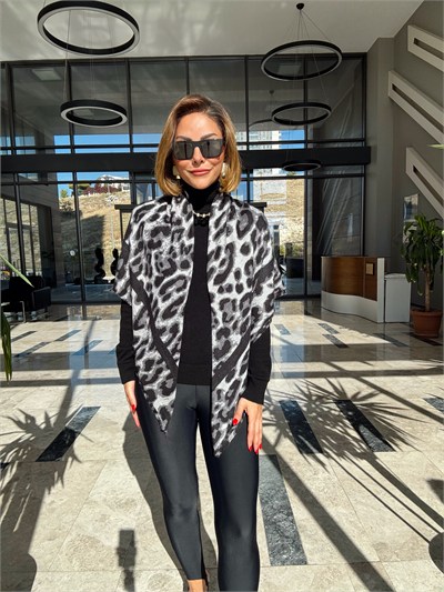 Gri Leopar Desen Pamuklu Şal