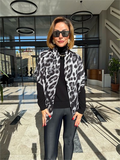 Gri Leopar Desen Pamuklu Şal