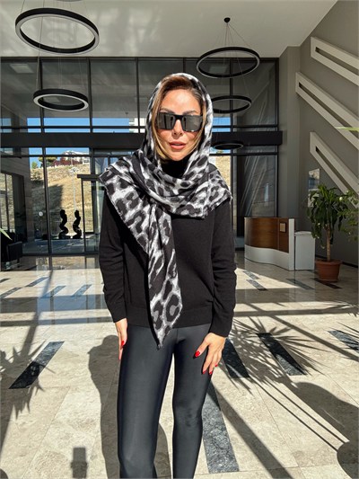 Gri Leopar Desen Pamuklu Şal