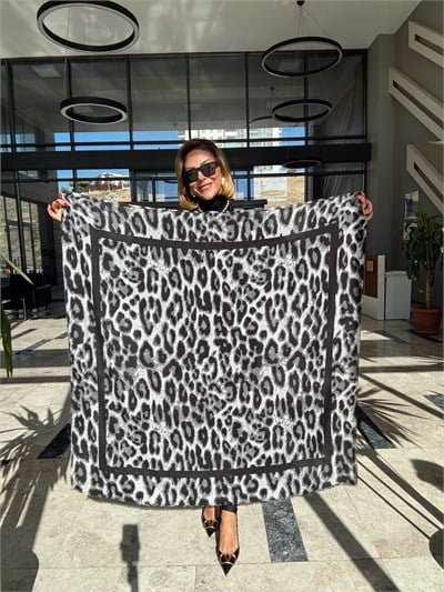 Gri Leopar Desen Pamuklu Şal