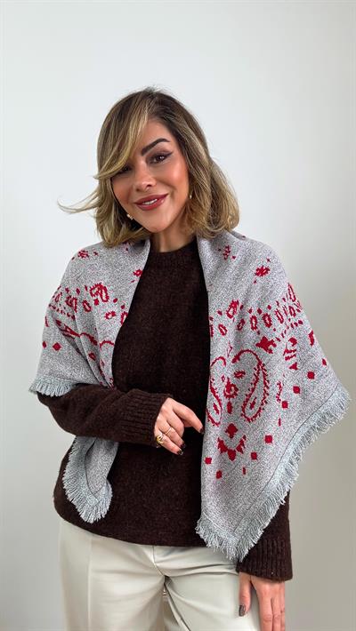 Gri Üzeri Kırmızı Etnik Desenli Kare Şal