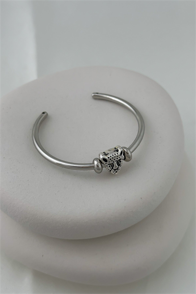 Gümüş Boru Plaka Kaplan Figür Detay Kelepçe Bileklik