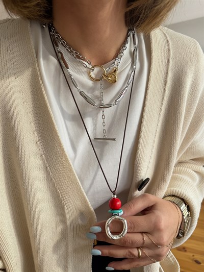 Gümüş Halka Deri İp Kolye Kombini