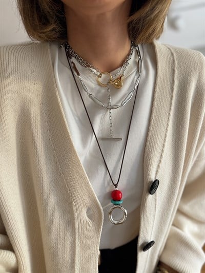 Gümüş Halka Deri İp Kolye Kombini